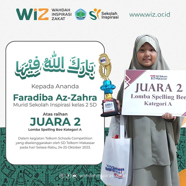 Barakallahu Fiiha Kepada Ananda Faradiba Az-Zahra Atas Raihan Juara 2 Lomba Spelling Bee Kategori A